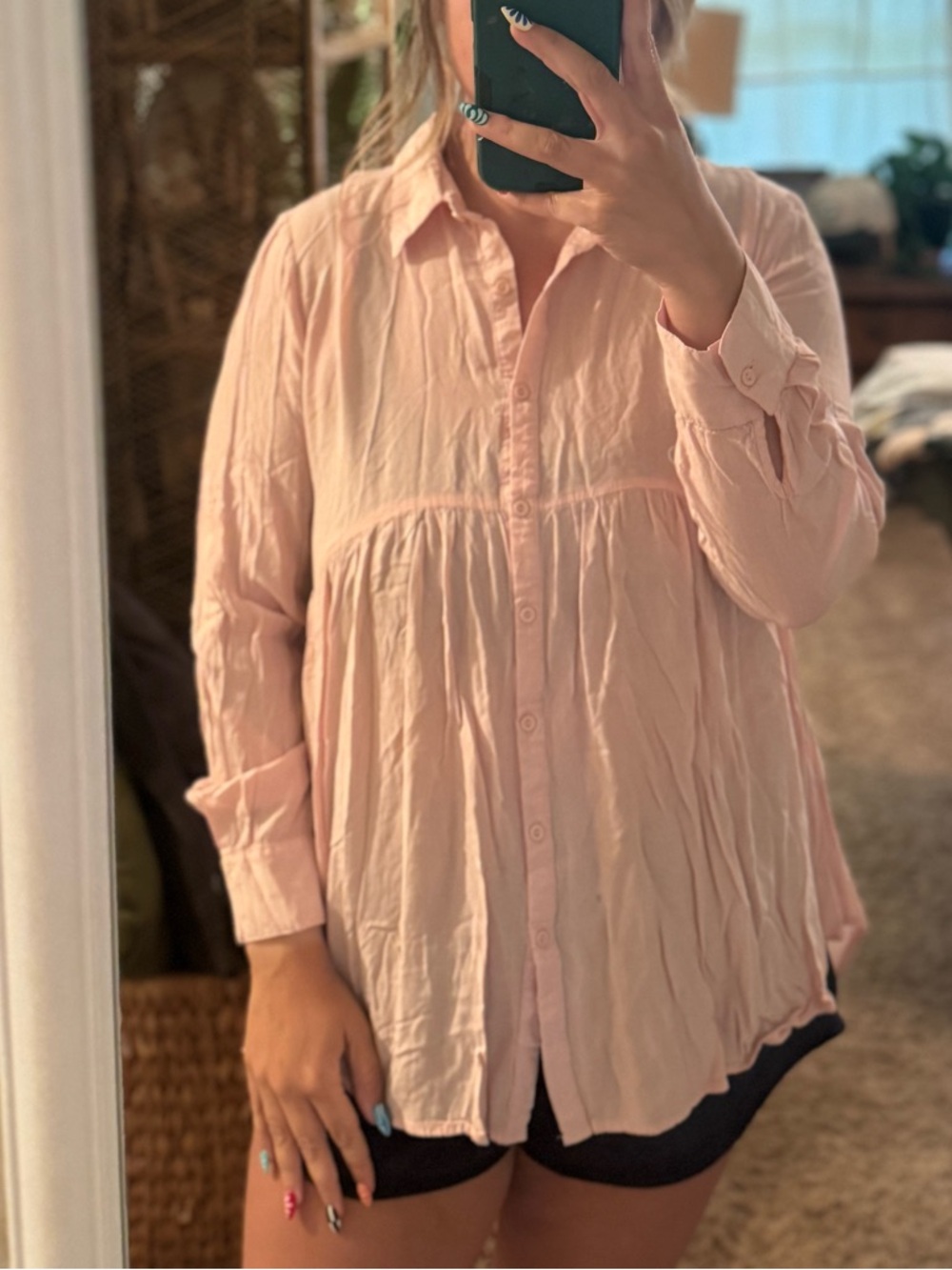 Umgee Pale Pink Button-Down Babydoll Blouse